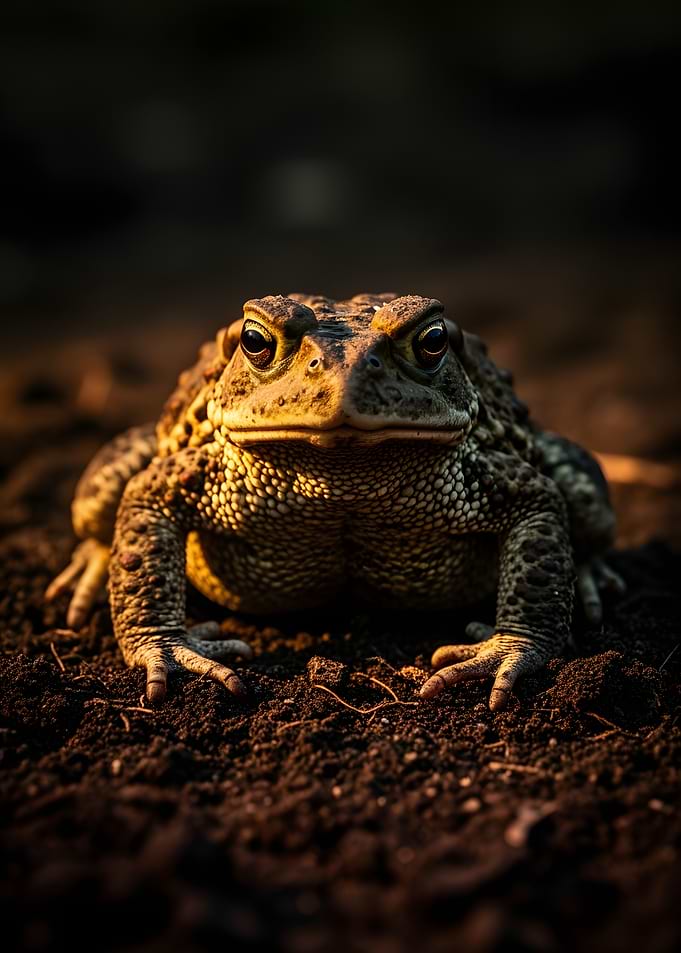 Close-up of a toad on dark soil