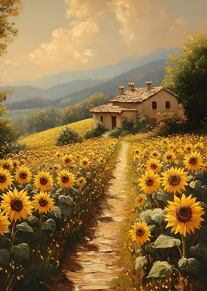 Sunflower field with a house