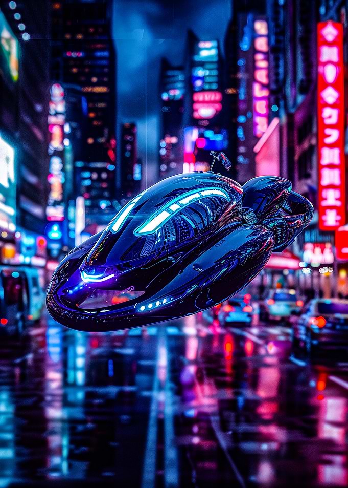 Futuristic Flying Car in Neon City