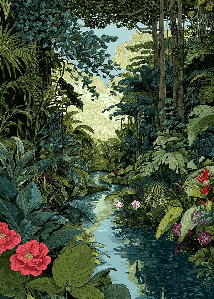 Lush Jungle River with Flowers