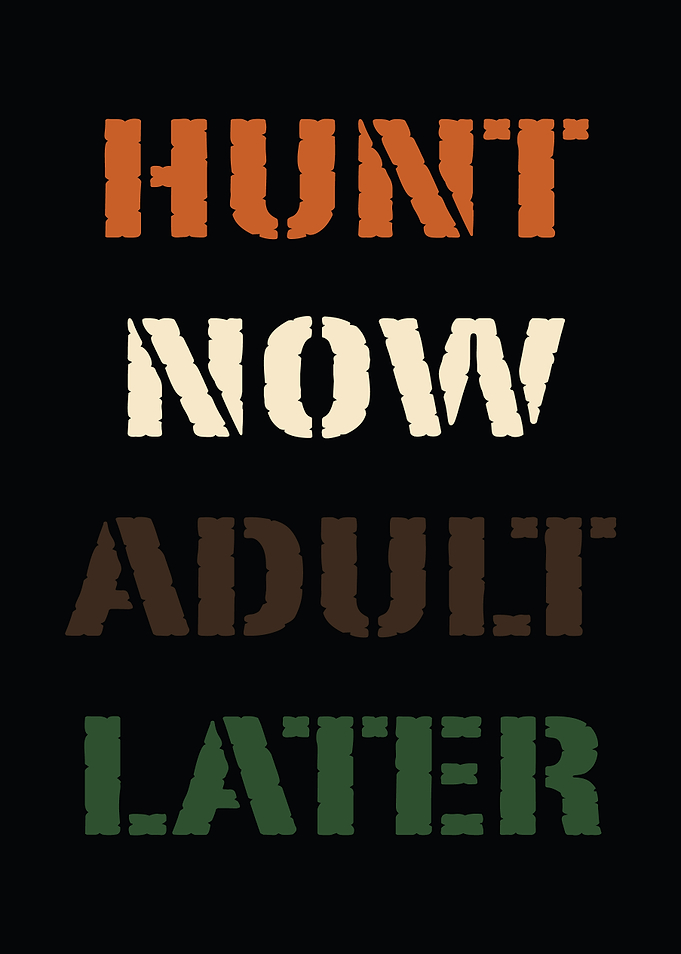 Hunting humor poster - 'Hunt Now Adult Later' man cave and lodge wall decor