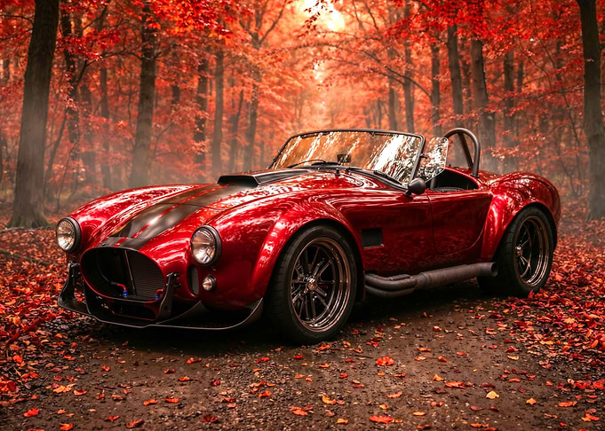 Red Cobra Sports Car in Autumn Forest