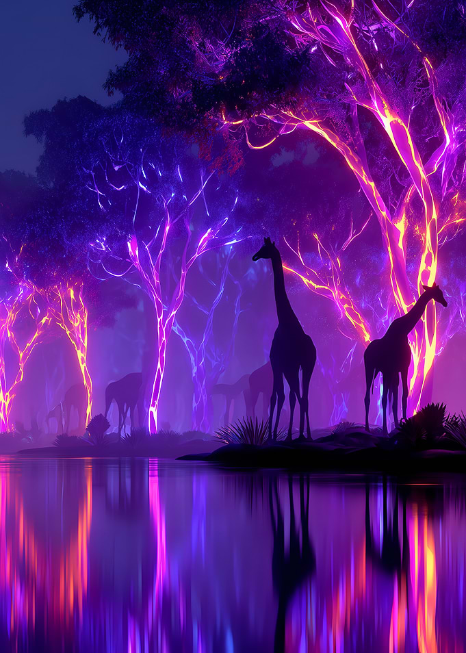Neon Giraffes in Enchanted Forest