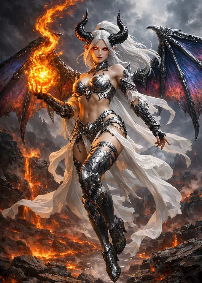 Fiery Demoness with Wings and Horns