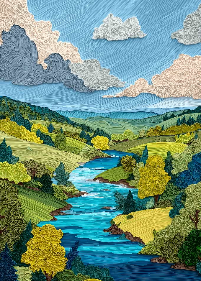 Quilled Landscape with River and Clouds