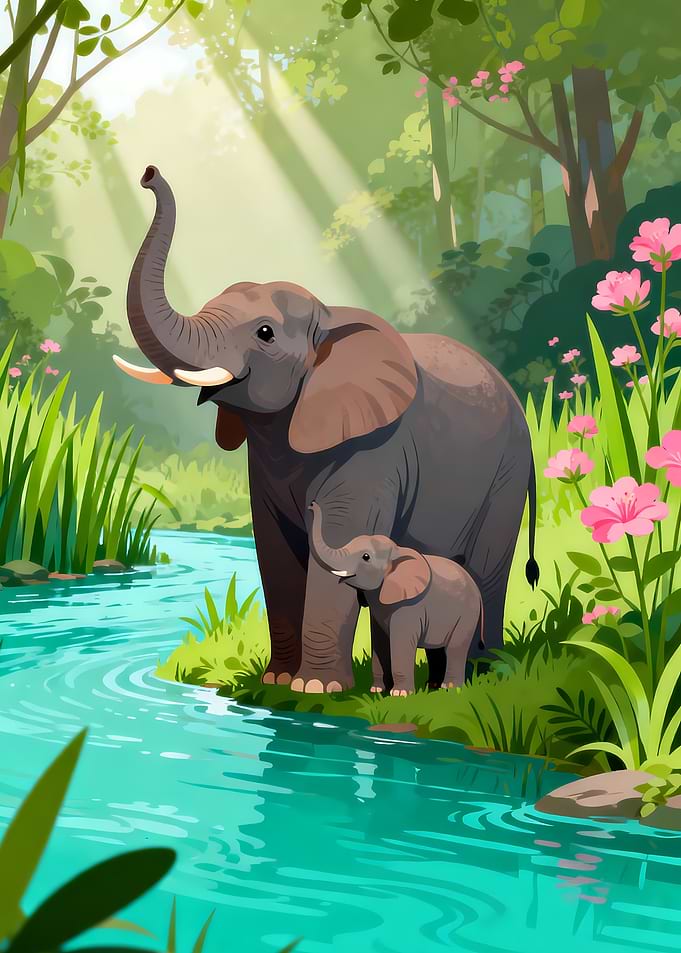 Elephants by a River in a Forest