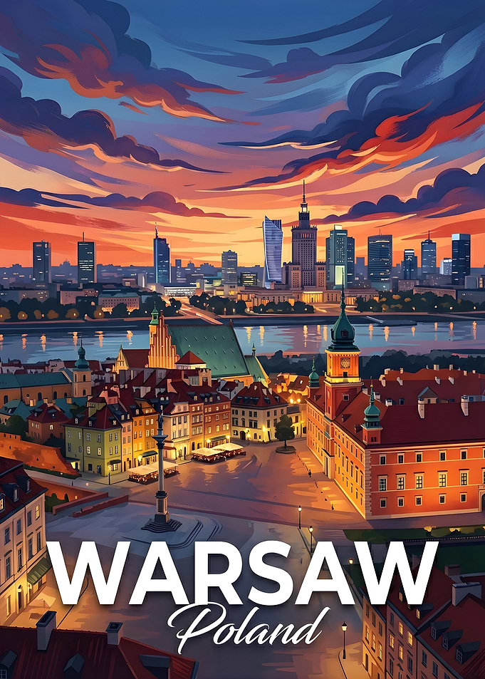 Warsaw, Poland Cityscape at Sunset