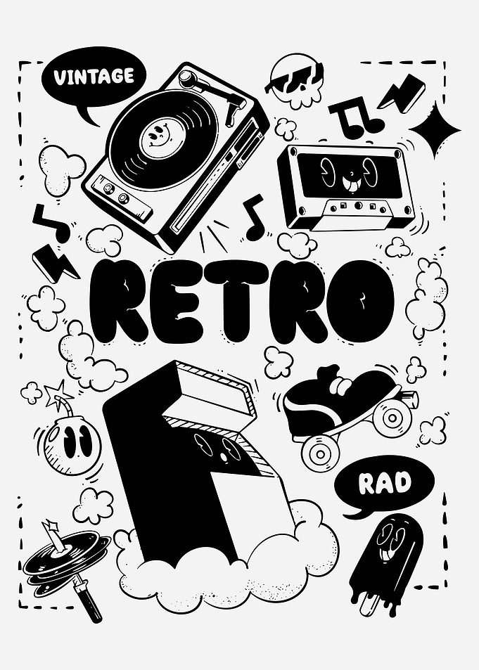 Retro Doodle Poster, Vintage Pop Culture Wall Art, Colorful 80s 90s Fun Illustration Print