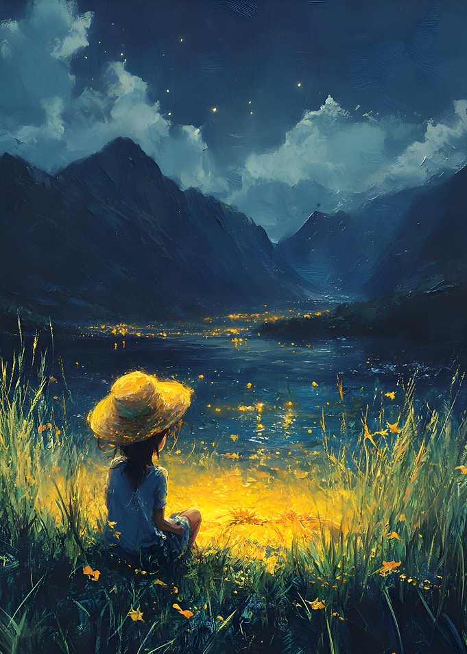 Child in Straw Hat Gazing at Starry Lake