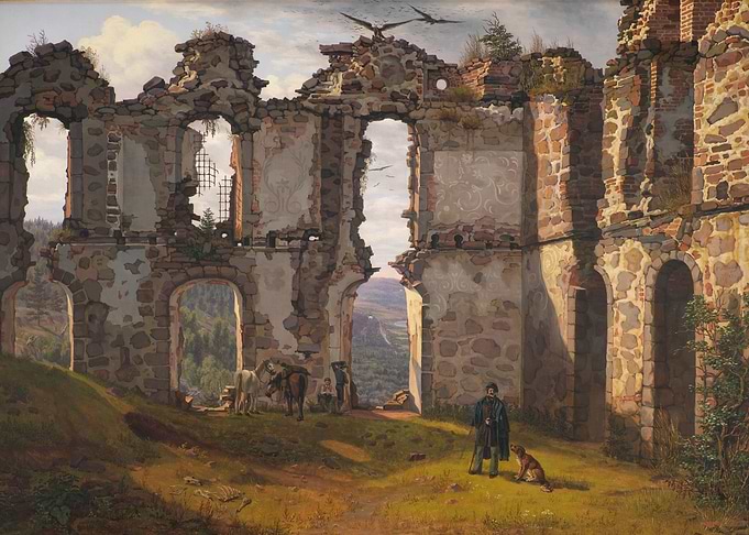 Ruins with figures and landscape