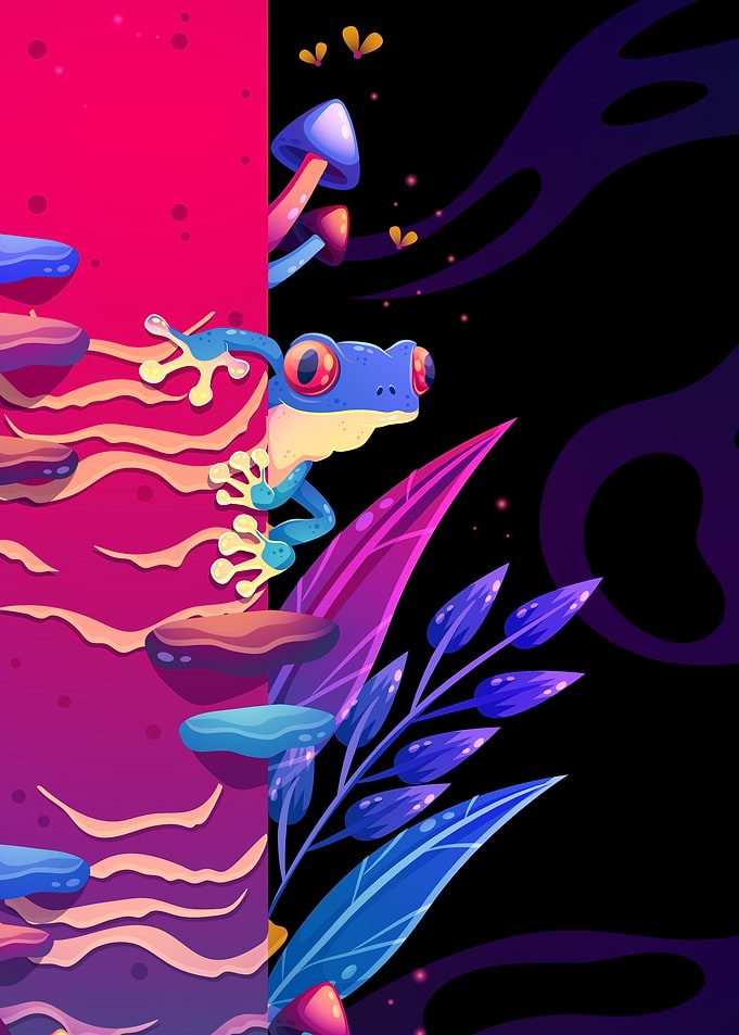 Blue Frog Peeking from Pink and Purple World