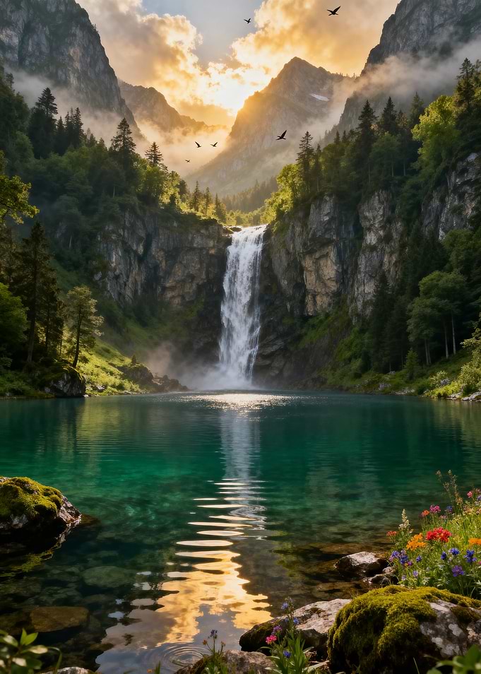 Majestic Waterfall in a Mountain Lake