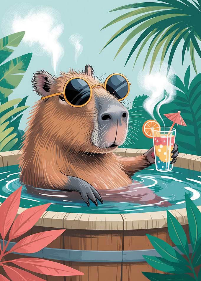 Capybara Relaxing in Hot Tub with Cocktail