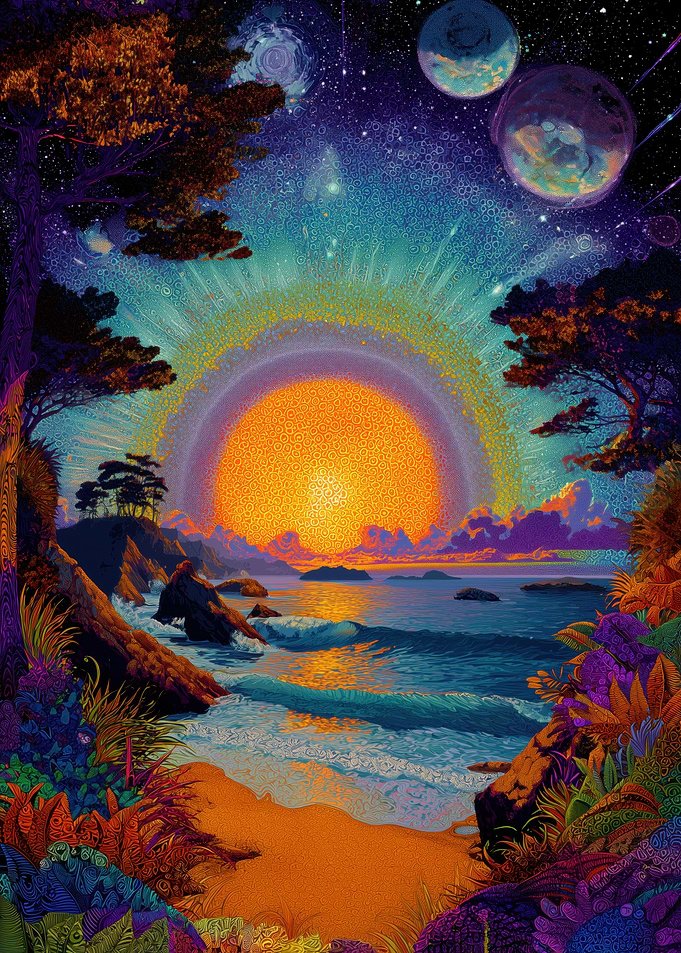 Cosmic Sunset Over Alien Ocean