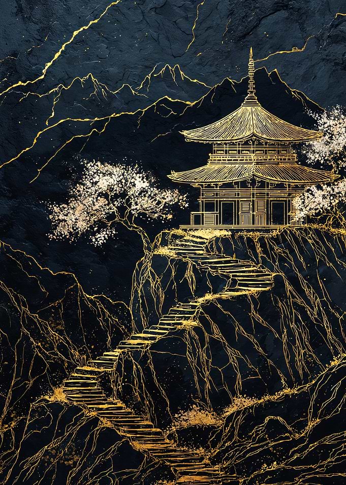 Gold Japanese Pagoda Mountain Art