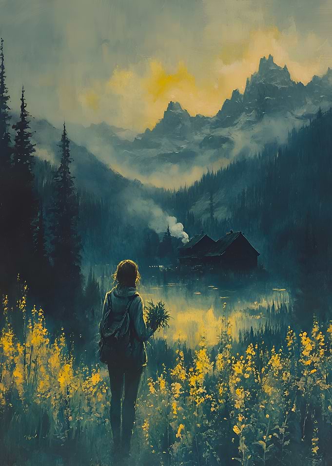 Woman in a field of flowers overlooking mountains
