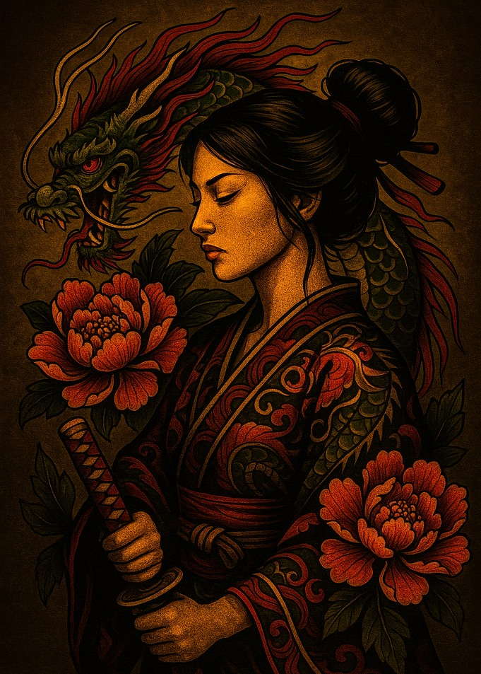 Samurai Woman with Dragon and Peonies