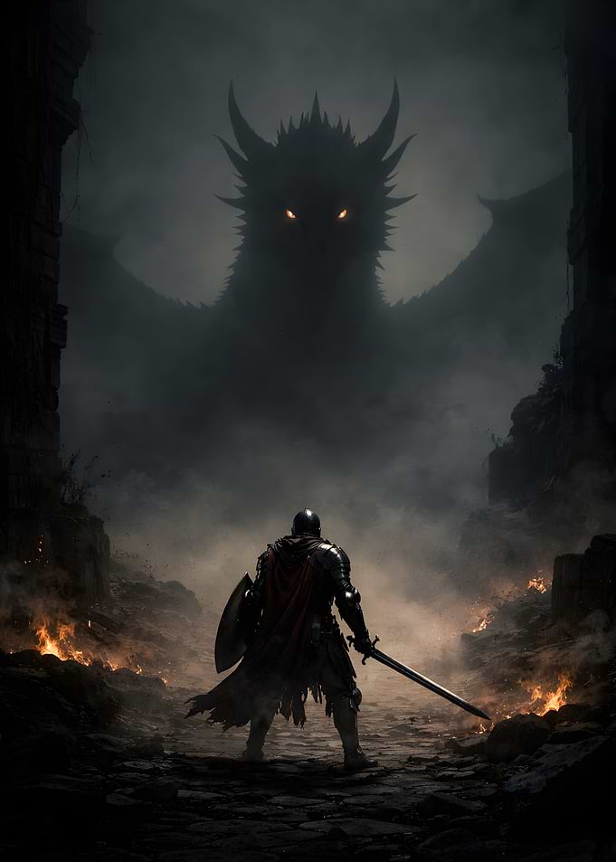Knight faces a dragon in the dark
