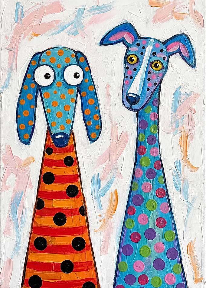 Two Whimsical Dogs with Polka Dots