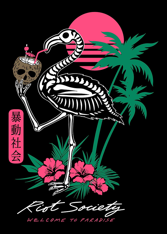 Skeleton Flamingo Poster, Tropical Paradise Skull Drink Wall Art, Retro Dark Aesthetic Print