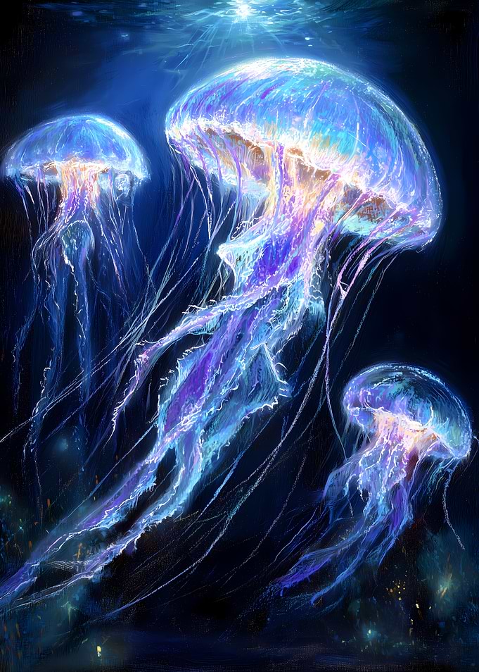 Bioluminescent Jellyfish in Deep Ocean