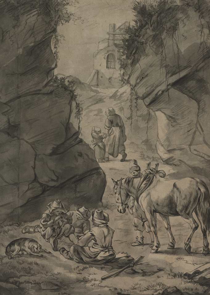 Travelers resting on a rocky path