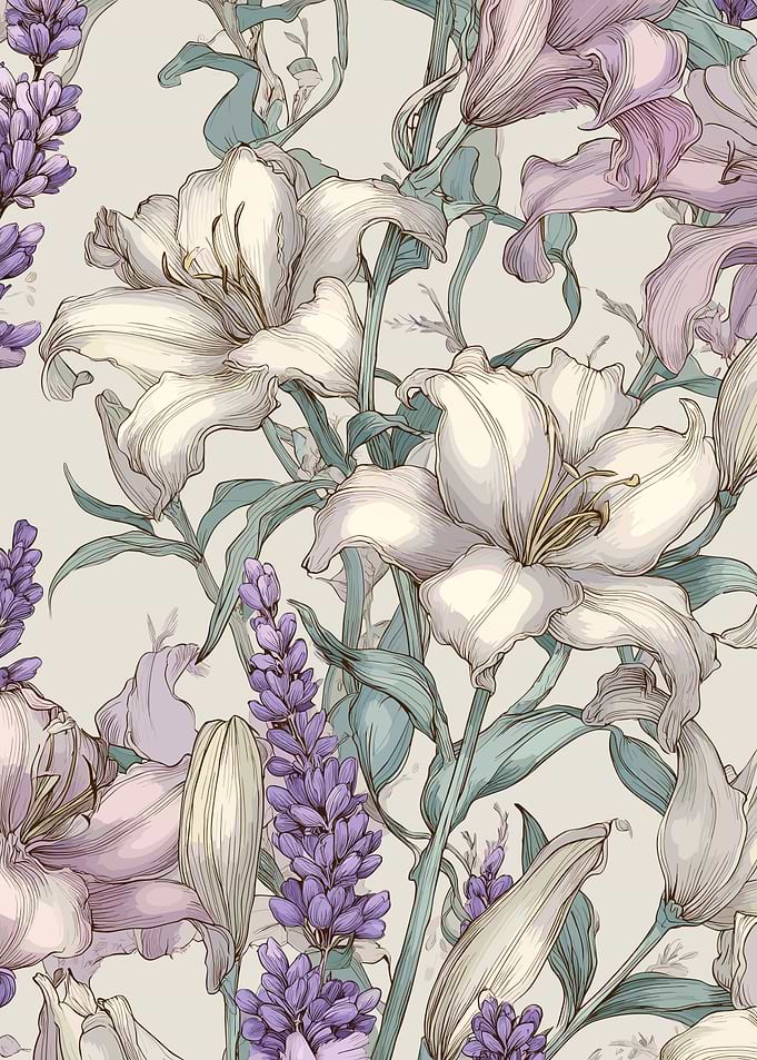 Vintage Floral Pattern with Lilies and Lavender