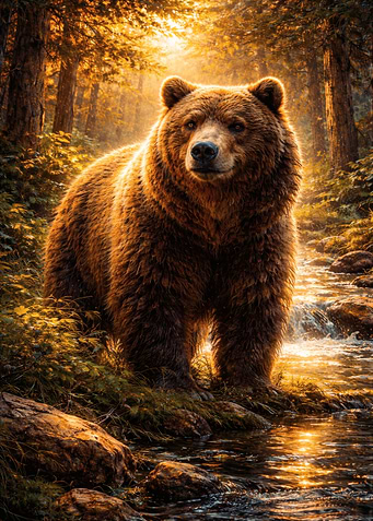 Bear in a sunlit forest stream