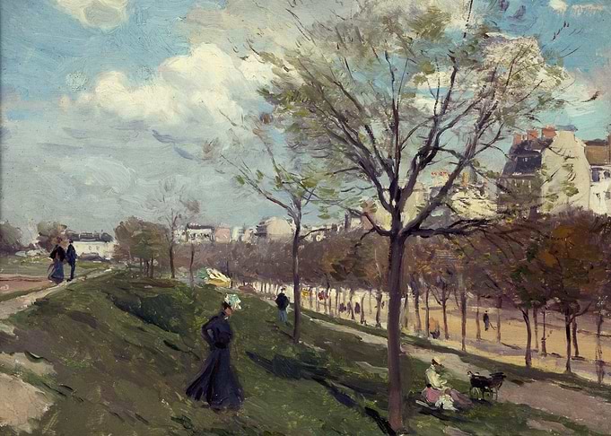 Park Scene with Figures and Cityscape