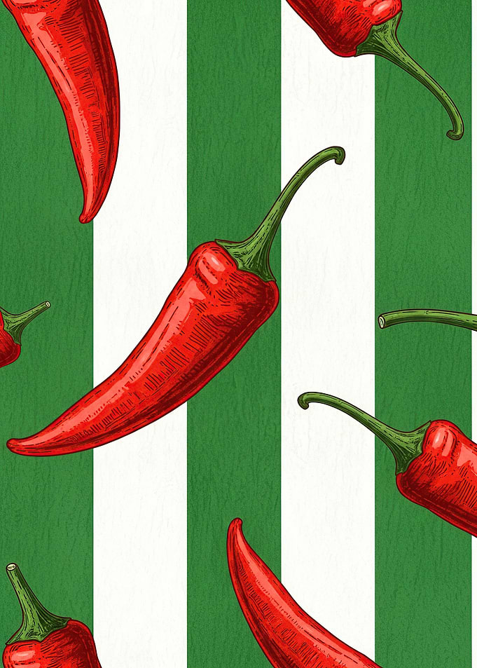 Red Chili Peppers on Green Stripes