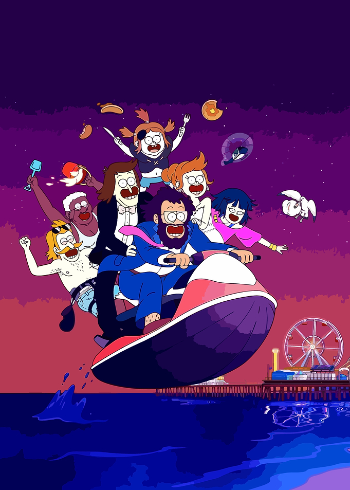 Cartoon characters on a jet ski