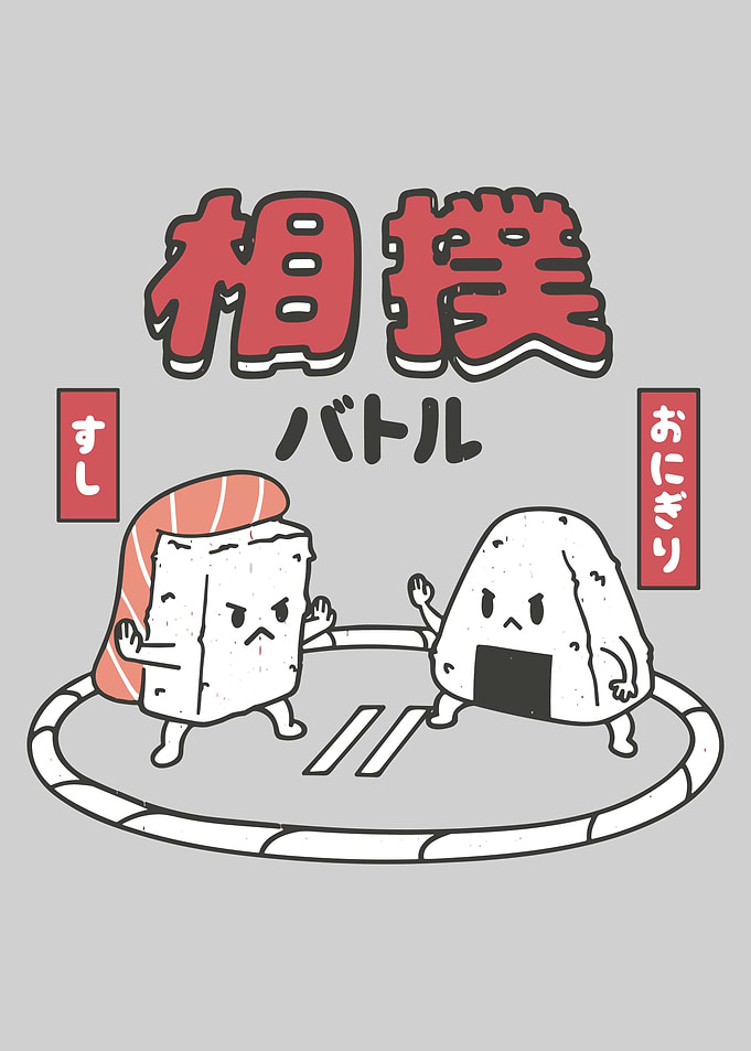 Sushi vs Onigiri Sumo Poster, Funny Japanese Food Fight Art, Cute Kawaii Kitchen Print
