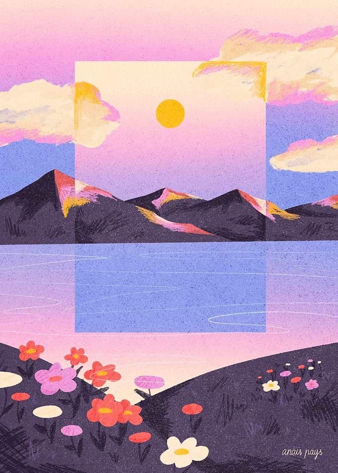 Pastel Mountain Lake Landscape with Flowers