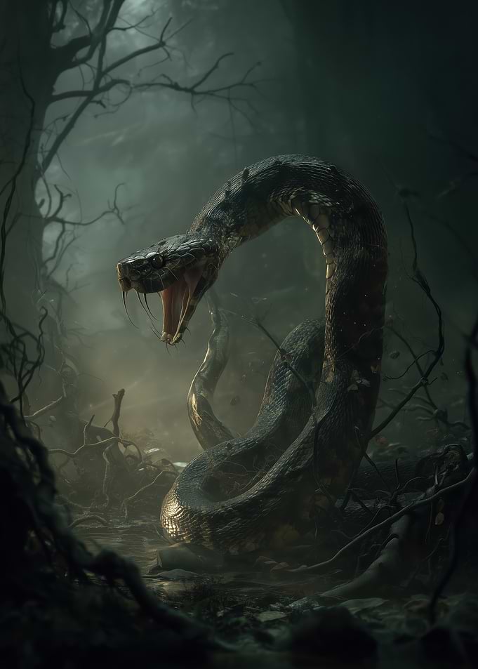 Menacing Snake in Dark Forest