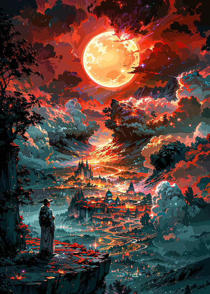 Fantasy Cityscape Under a Blood Moon