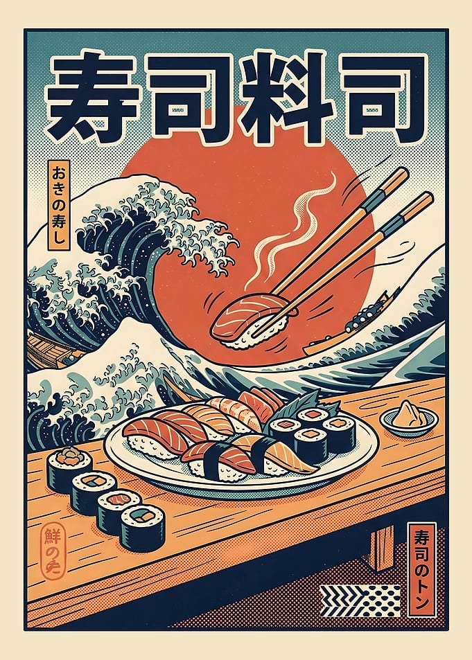 Sushi and Great Wave Poster
