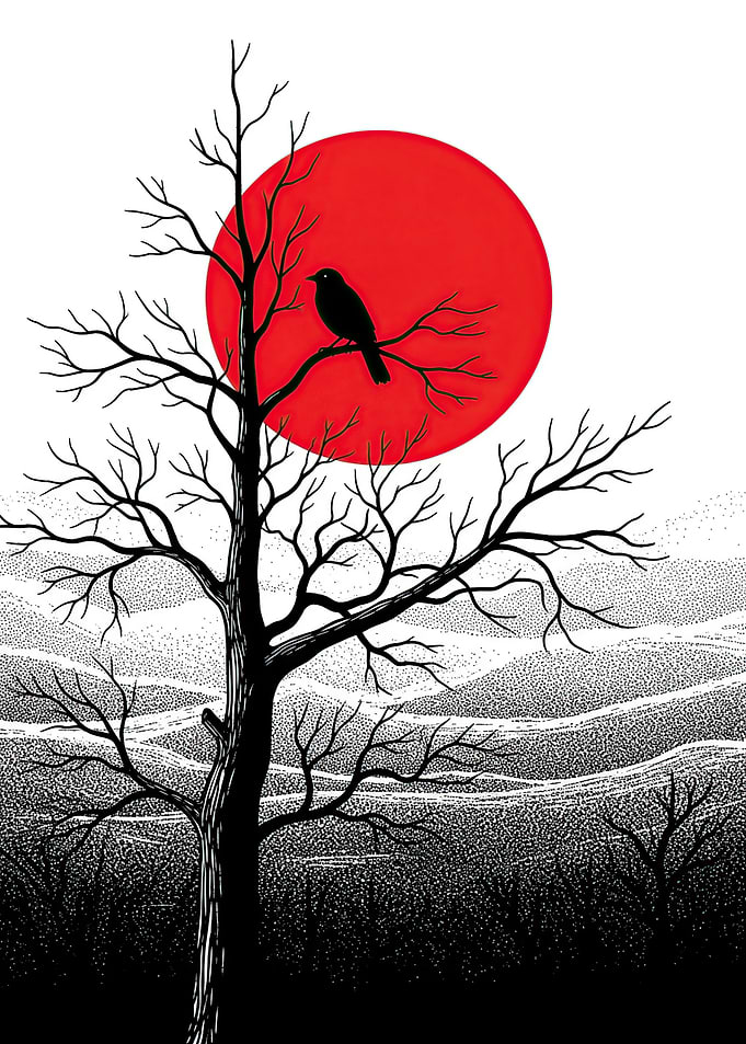 Black Bird on Tree Branch with Red Sun