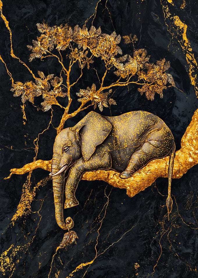 Golden Elephant Sleeping On Branch