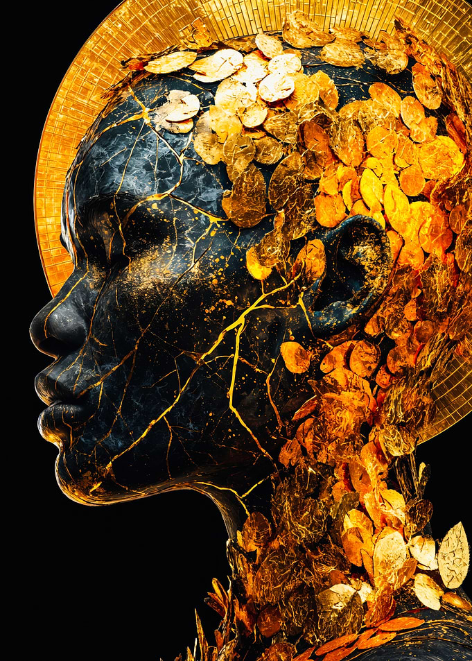 Gold Kintsugi Woman Marble Portrait