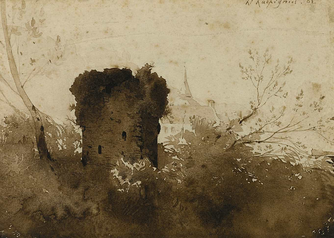 Ruined Tower and Village Landscape