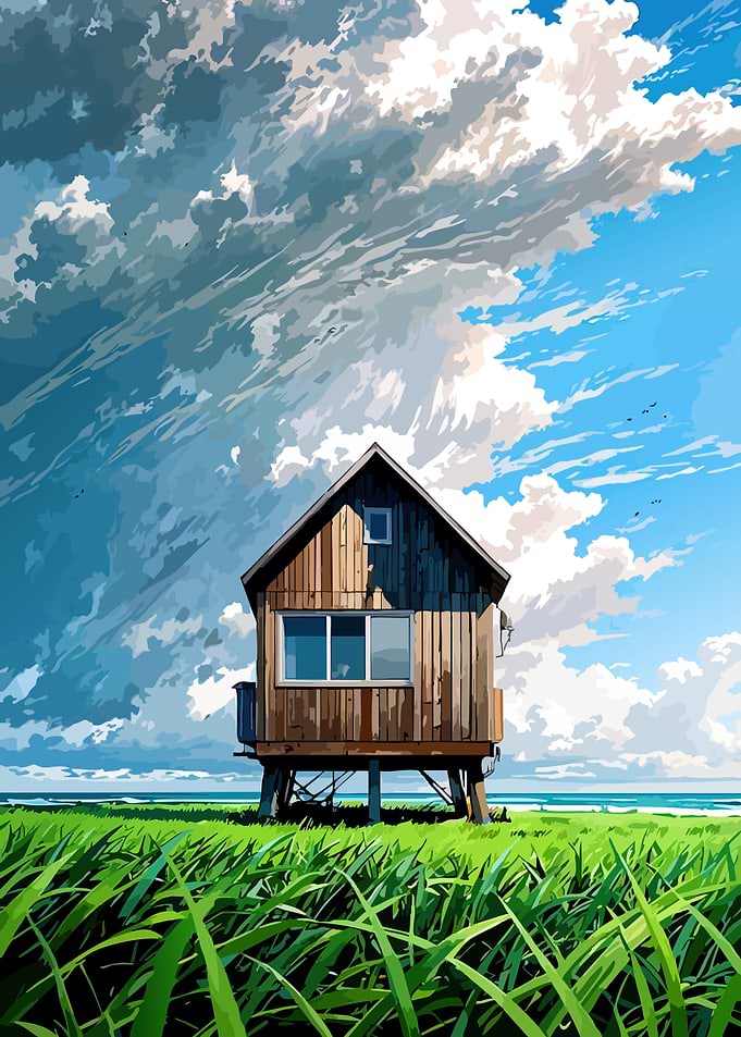 Stilt House in Grassy Field Under Dramatic Sky
