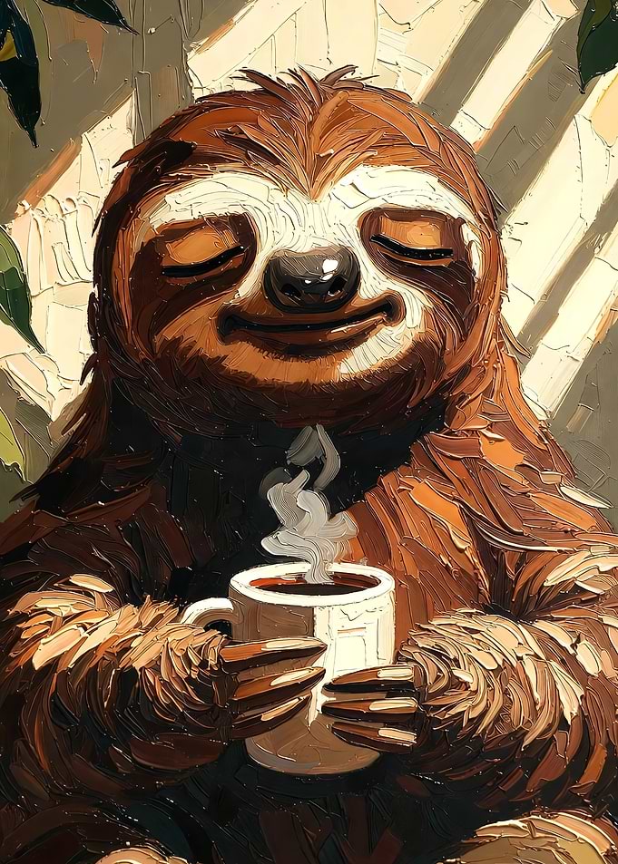 Sloth enjoying coffee with steam