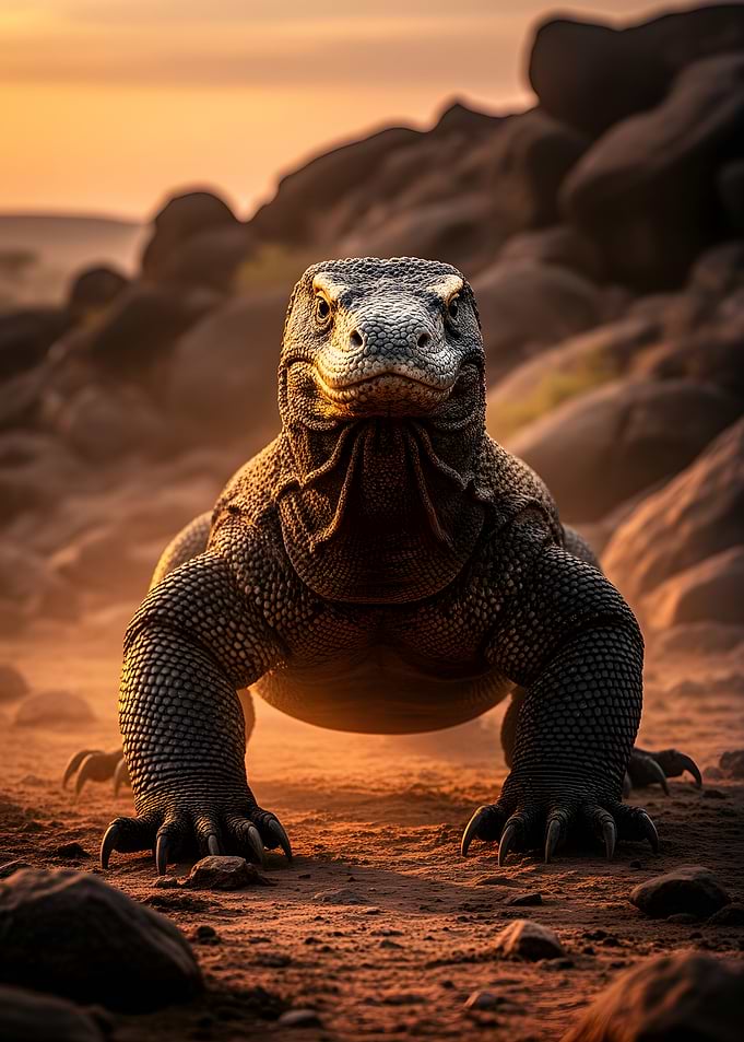 Komodo Dragon in Desert Sunset