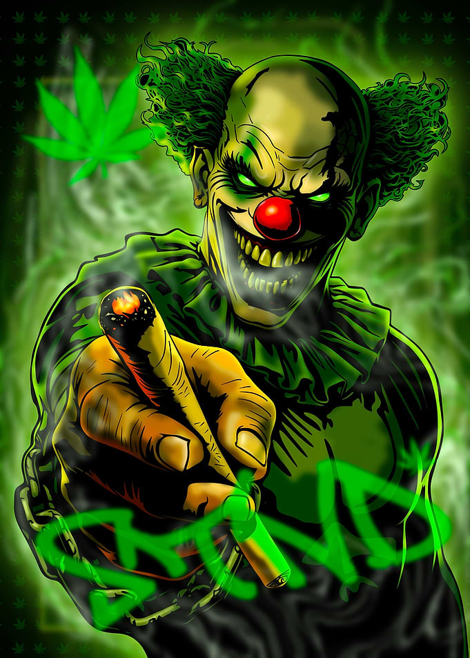 Blunt Joker Stoner Clown Street Art – Neon Green Cannabis Illustration