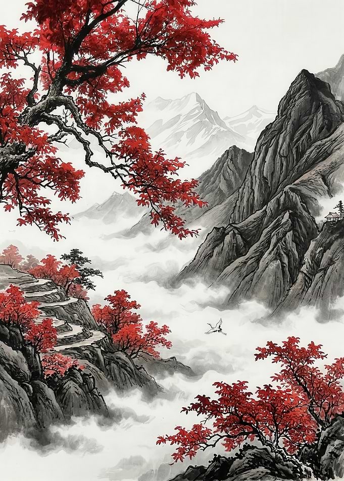 Misty Mountains with Red Maple Trees