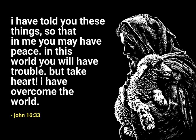 Jesus holding a lamb with scripture