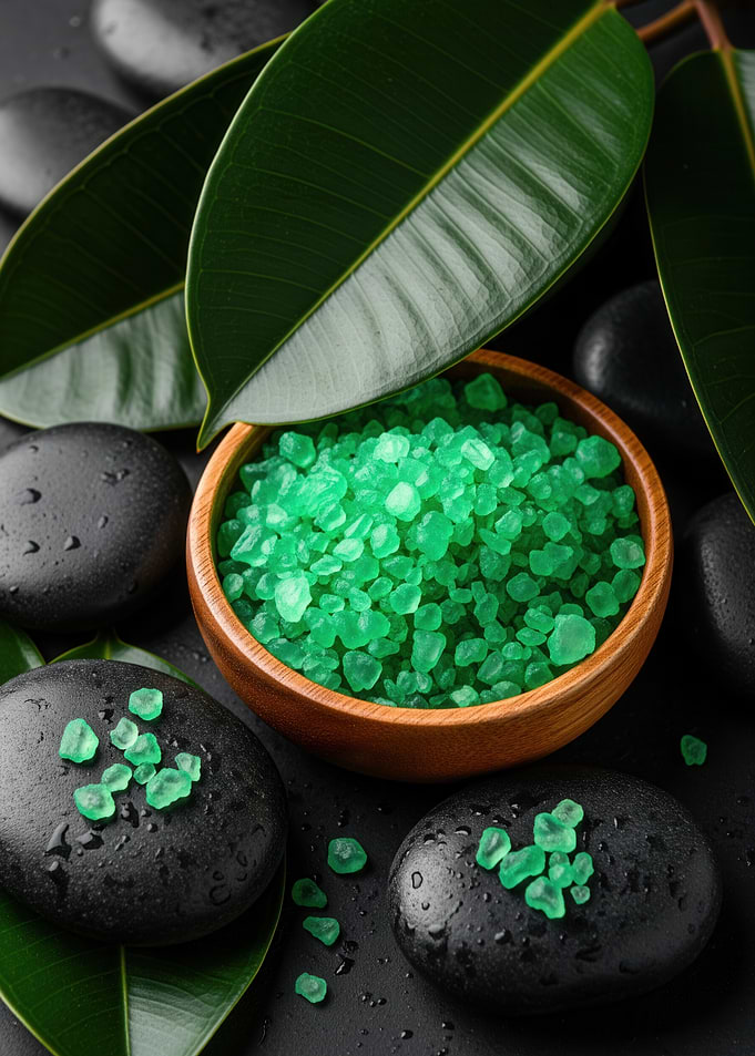 Spa stones and green bath salts
