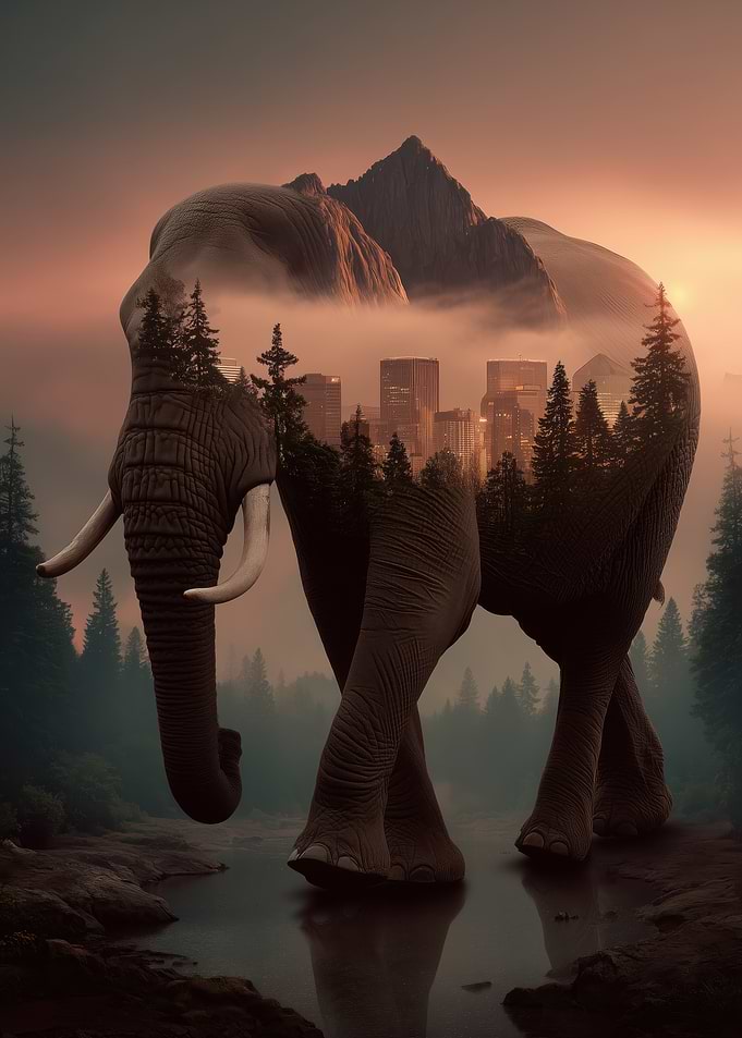 Elephant Cityscape Double Exposure