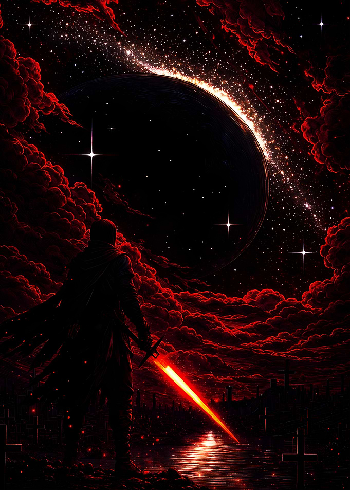 Warrior with glowing sword in space