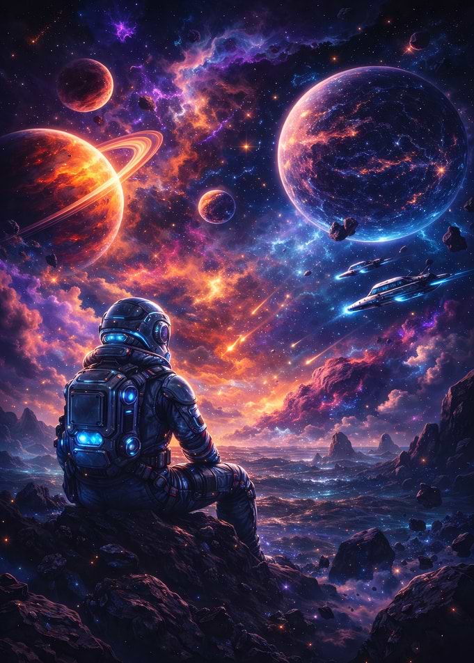 Astronaut Gazing at Cosmic Nebula and Planets